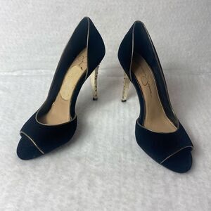 Jessica Simpson Black Velvet Gold Trim Peep Toe Heels
